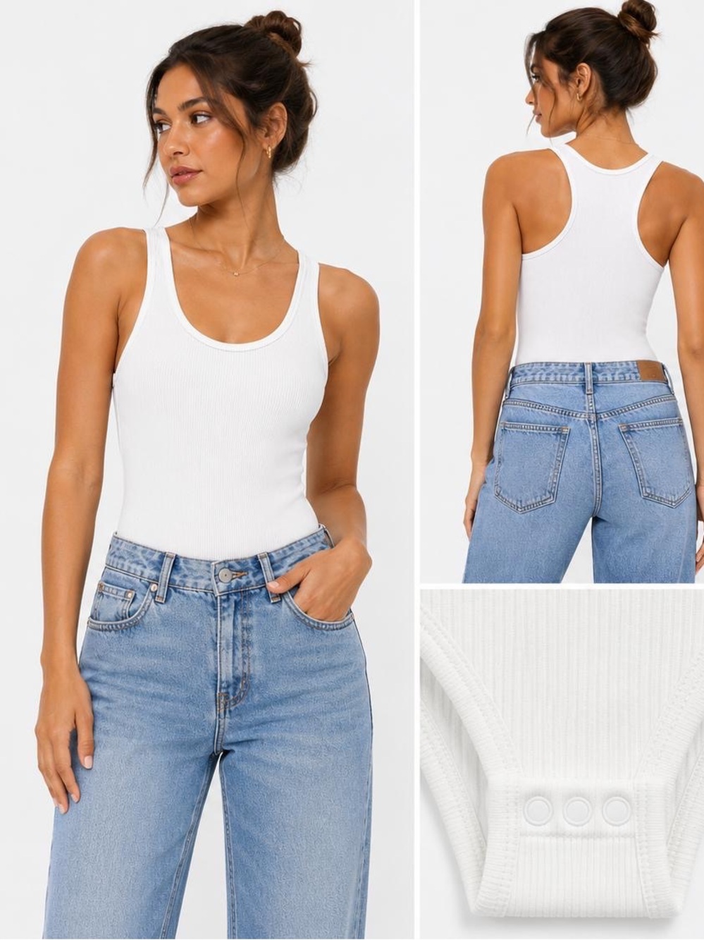 Ribbed Square-Neck White Bodysuit - Seamless Tank Style